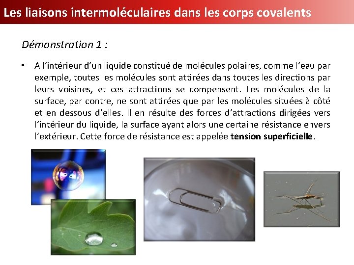 Les liaisons intermoléculaires dans les corps covalents Démonstration 1 : • A l’intérieur d’un