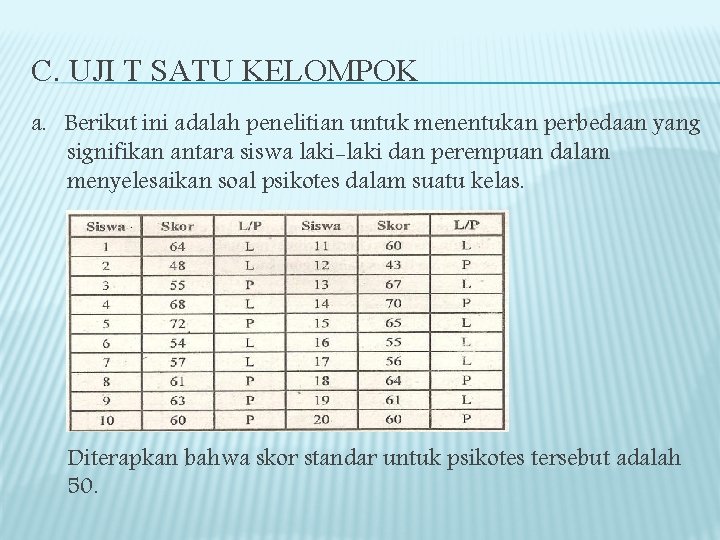 C. UJI T SATU KELOMPOK a. Berikut ini adalah penelitian untuk menentukan perbedaan yang C. UJI T SATU KELOMPOK a. Berikut ini adalah penelitian untuk menentukan perbedaan yang