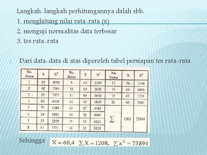 Langkah-langkah perhitungannya dalah sbb: 1. menghitung nilai rata-rata (x) 2. menguji normalitas data terbesar