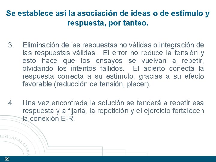 Se establece así la asociación de ideas o de estímulo y respuesta, por tanteo.