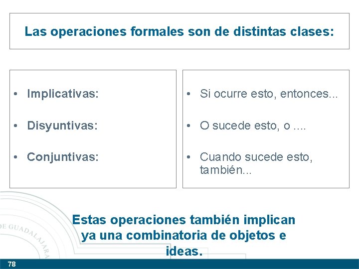 Las operaciones formales son de distintas clases: • Implicativas: • Si ocurre esto, entonces.