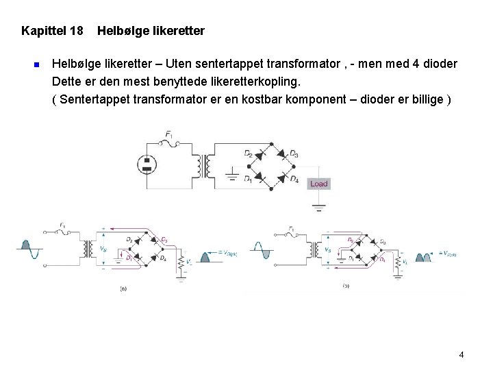 Kapittel 18 n Helbølge likeretter – Uten sentertappet transformator , - men med 4