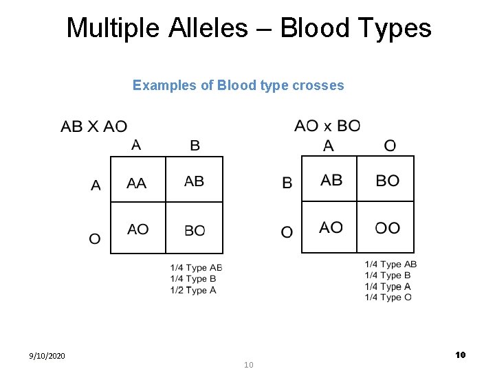 Multiple Alleles – Blood Types Examples of Blood type crosses 9/10/2020 10 10 