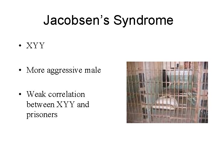 Jacobsen’s Syndrome • XYY • More aggressive male • Weak correlation between XYY and