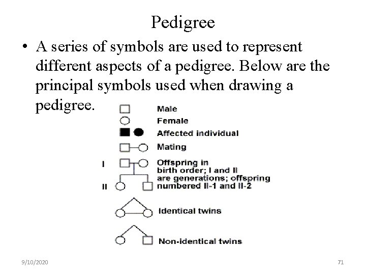 Pedigree • A series of symbols are used to represent different aspects of a