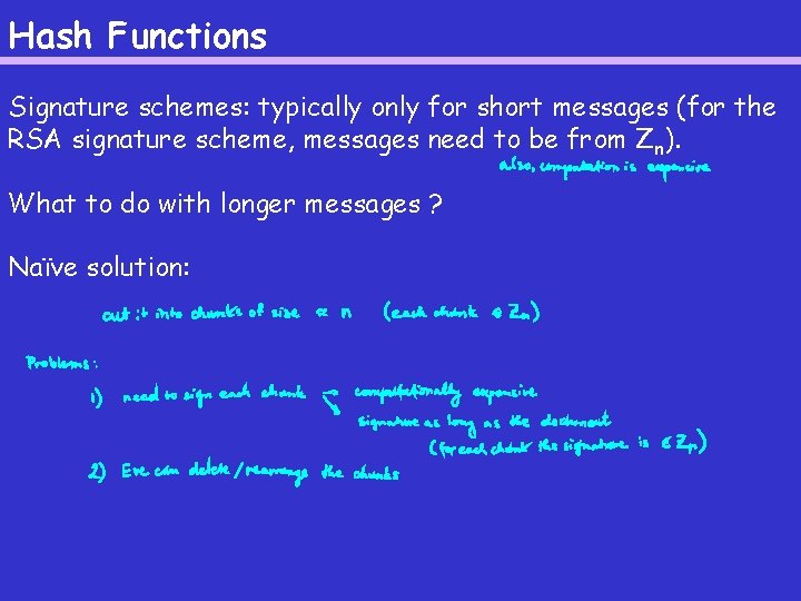 Hash Functions Signature schemes: typically only for short messages (for the RSA signature scheme,