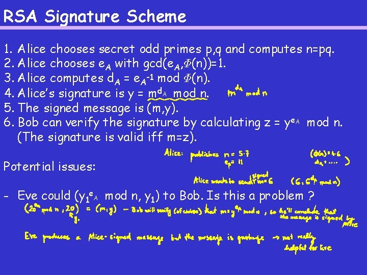 RSA Signature Scheme 1. Alice chooses secret odd primes p, q and computes n=pq.