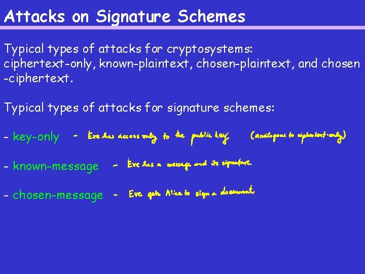 Attacks on Signature Schemes Typical types of attacks for cryptosystems: ciphertext-only, known-plaintext, chosen-plaintext, and