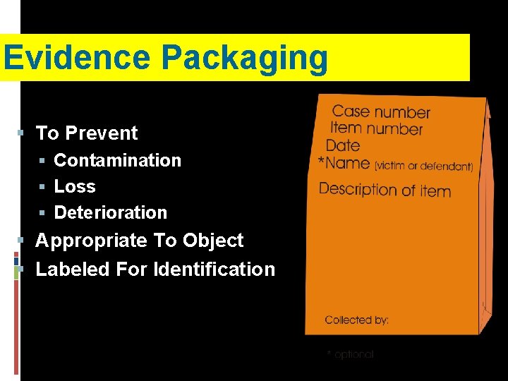 Evidence Packaging § To Prevent § Contamination § Loss § Deterioration § Appropriate To