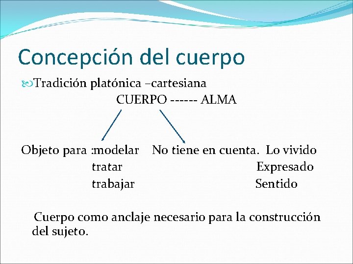 Concepción del cuerpo Tradición platónica –cartesiana CUERPO ------ ALMA Objeto para : modelar No