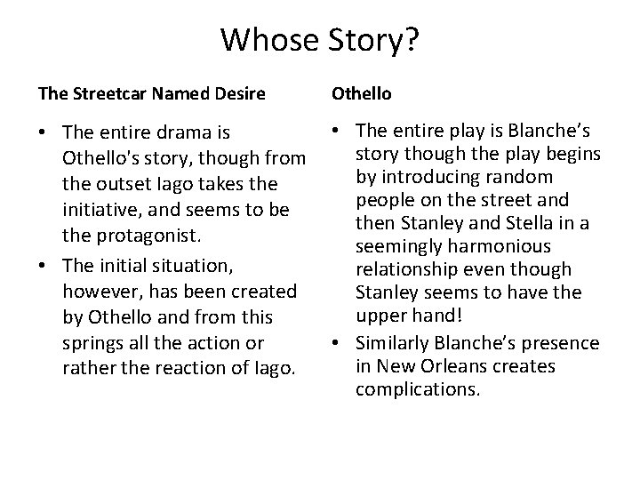 Whose Story? The Streetcar Named Desire Othello • The entire drama is Othello's story, Whose Story? The Streetcar Named Desire Othello • The entire drama is Othello's story,