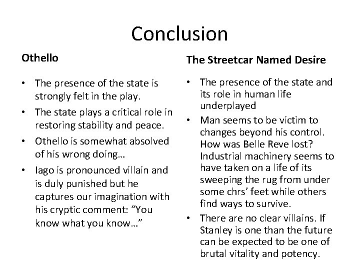 Conclusion Othello The Streetcar Named Desire • The presence of the state is strongly Conclusion Othello The Streetcar Named Desire • The presence of the state is strongly