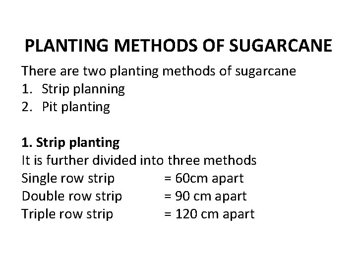 PLANTING METHODS OF SUGARCANE There are two planting methods of sugarcane 1. Strip PLANTING METHODS OF SUGARCANE There are two planting methods of sugarcane 1. Strip