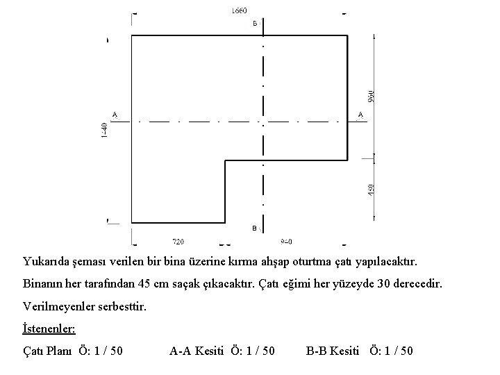 Yukarıda şeması verilen bir bina üzerine kırma ahşap oturtma çatı yapılacaktır. Binanın her tarafından