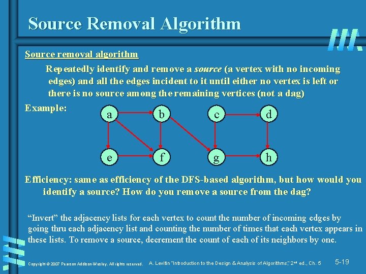 Source Removal Algorithm Source removal algorithm Repeatedly identify and remove a source (a vertex