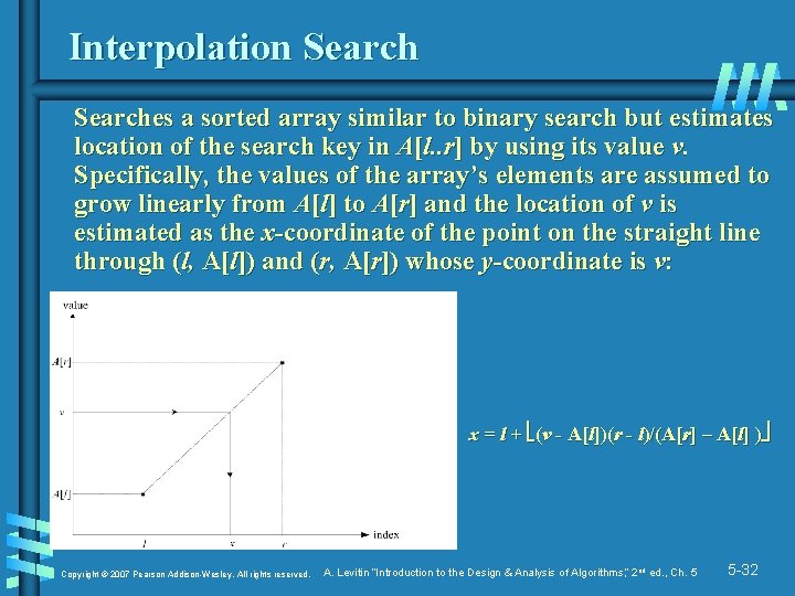 Interpolation Searches a sorted array similar to binary search but estimates location of the