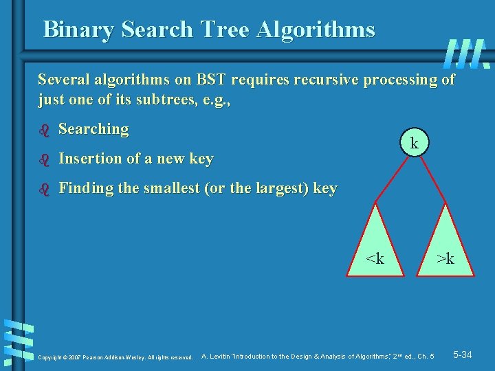 Binary Search Tree Algorithms Several algorithms on BST requires recursive processing of just one