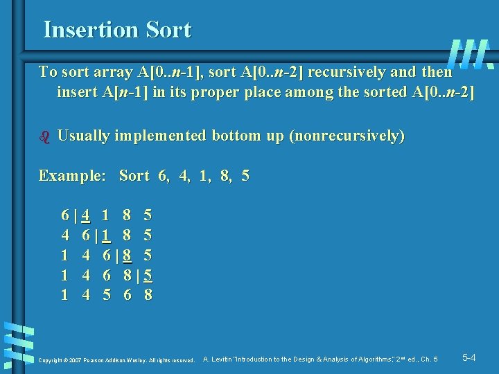 Insertion Sort To sort array A[0. . n-1], sort A[0. . n-2] recursively and