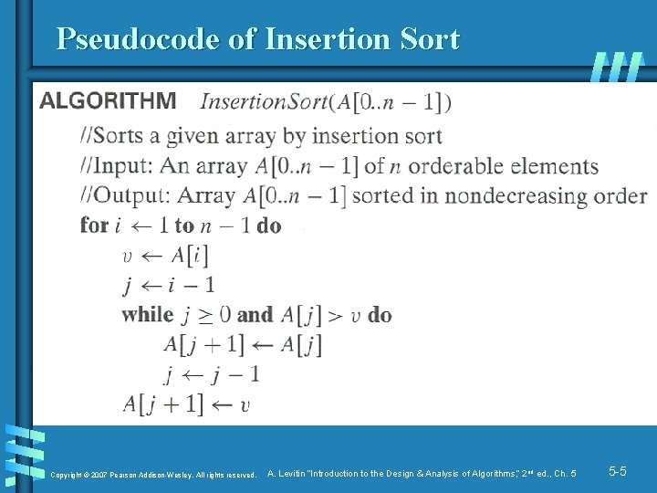 Pseudocode of Insertion Sort Copyright © 2007 Pearson Addison-Wesley. All rights reserved. A. Levitin