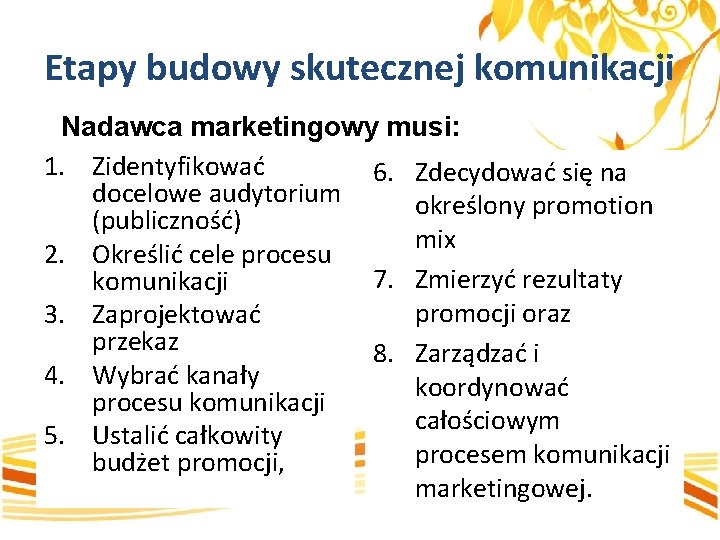 Etapy budowy skutecznej komunikacji Nadawca marketingowy musi: 1. Zidentyfikować 6. Zdecydować się na docelowe