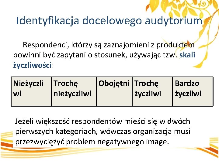 Identyfikacja docelowego audytorium Respondenci, którzy są zaznajomieni z produktem powinni być zapytani o stosunek,