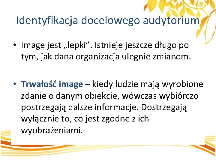 Identyfikacja docelowego audytorium • Image jest „lepki”. Istnieje jeszcze długo po tym, jak dana