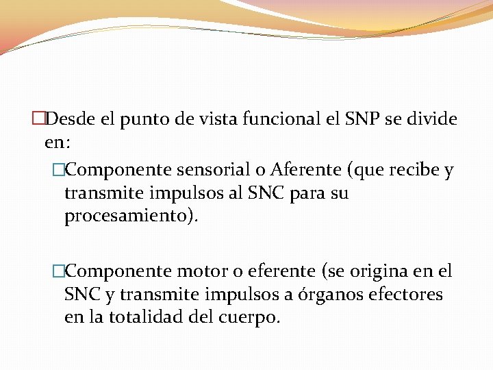 �Desde el punto de vista funcional el SNP se divide en: �Componente sensorial o