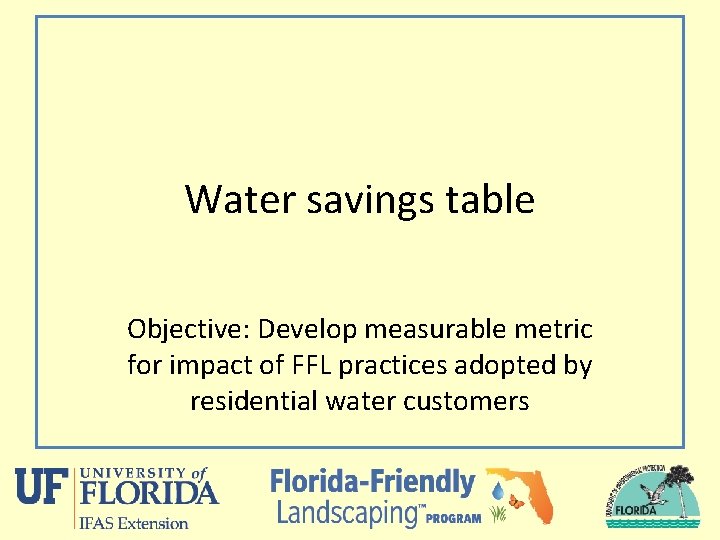 Water savings table Objective: Develop measurable metric for impact of FFL practices adopted by