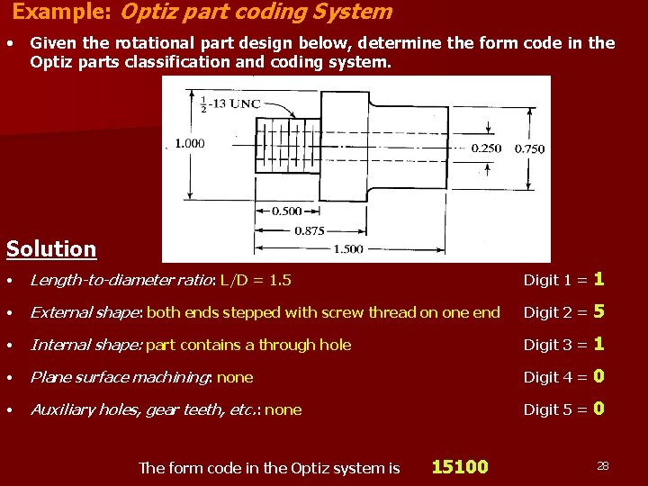 Example: Optiz part coding System • Given the rotational part design below, determine the Example: Optiz part coding System • Given the rotational part design below, determine the