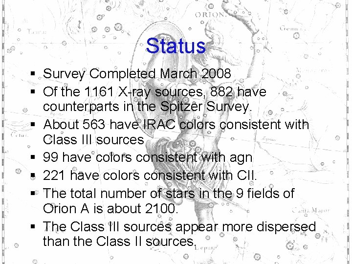 Status § Survey Completed March 2008 § Of the 1161 X-ray sources, 882 have