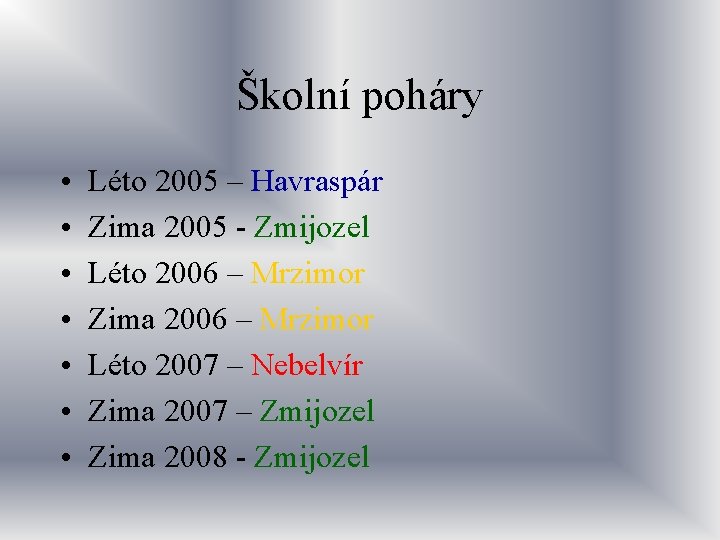 Školní poháry • • Léto 2005 – Havraspár Zima 2005 - Zmijozel Léto 2006