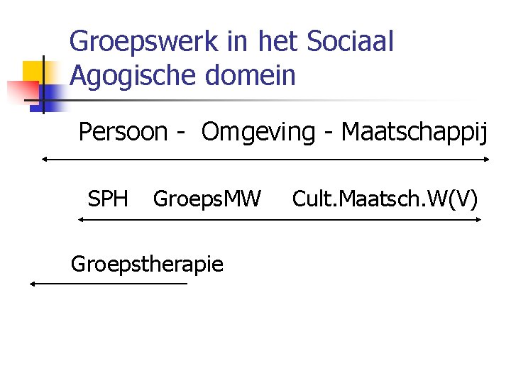 Groepswerk in het Sociaal Agogische domein Persoon - Omgeving - Maatschappij SPH Groeps. MW