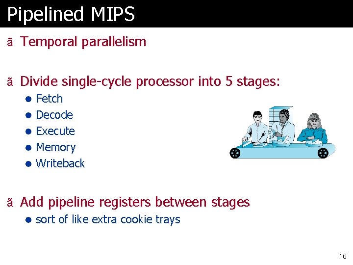 Pipelined MIPS ã Temporal parallelism ã Divide single-cycle processor into 5 stages: l Fetch