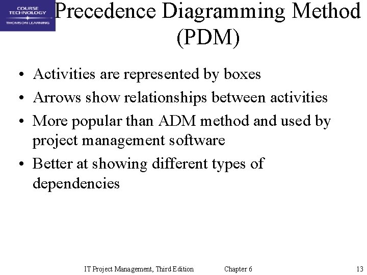 Precedence Diagramming Method (PDM) • Activities are represented by boxes • Arrows show relationships