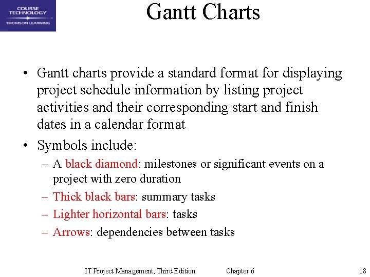 Gantt Charts • Gantt charts provide a standard format for displaying project schedule information