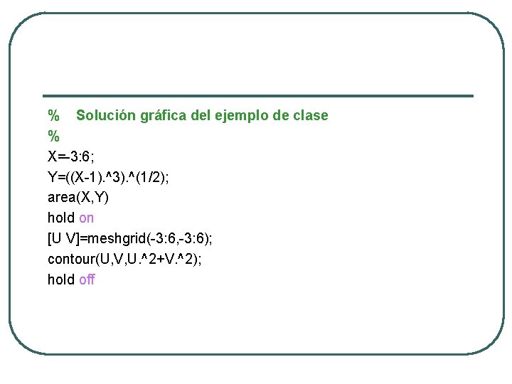 % Solución gráfica del ejemplo de clase % X=-3: 6; Y=((X-1). ^3). ^(1/2); area(X,