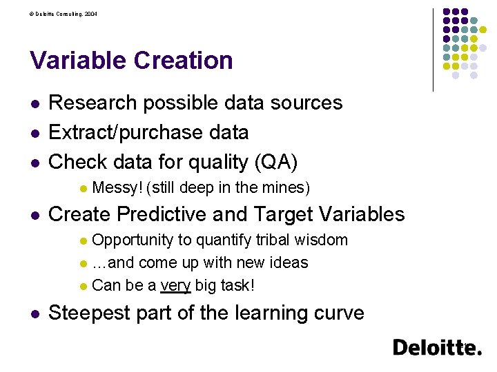 © Deloitte Consulting, 2004 Variable Creation l l l Research possible data sources Extract/purchase