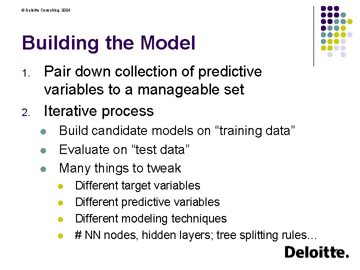 © Deloitte Consulting, 2004 Building the Model 1. 2. Pair down collection of predictive