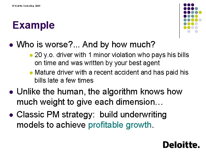 © Deloitte Consulting, 2004 Example l Who is worse? . . . And by