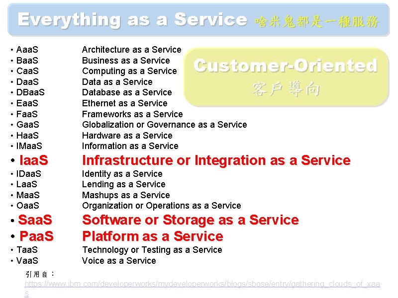 Everything as a Service 啥米鬼都是一種服務 • Aaa. S • Baa. S • Caa. S