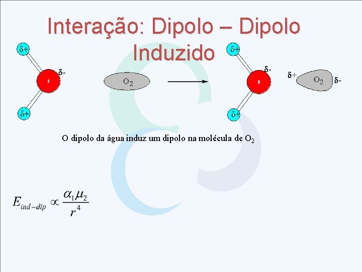 Interação: Dipolo – Dipolo Induzido O dipolo da água induz um dipolo na molécula