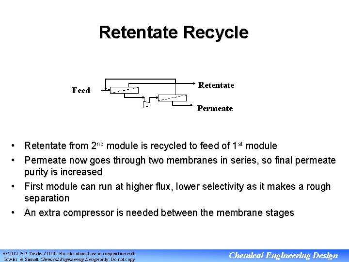 Retentate Recycle Feed Retentate Permeate • Retentate from 2 nd module is recycled to