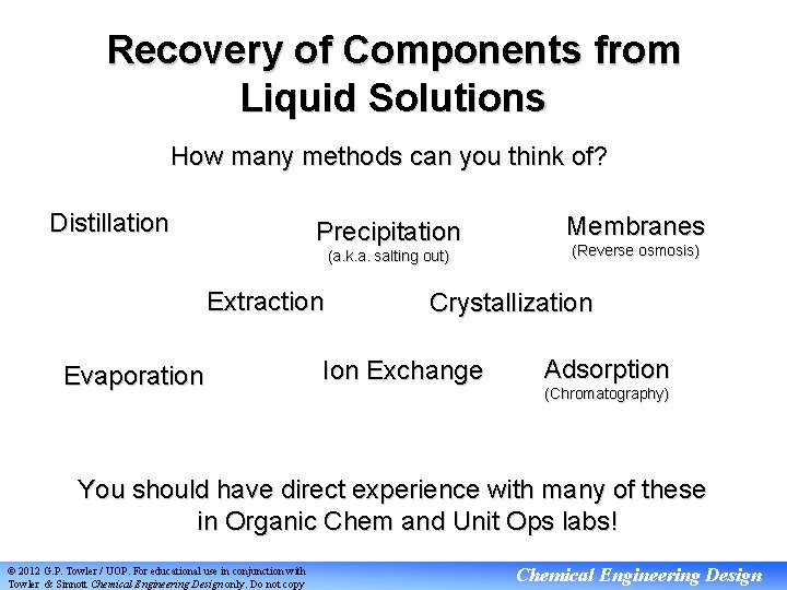 Recovery of Components from Liquid Solutions How many methods can you think of? Distillation