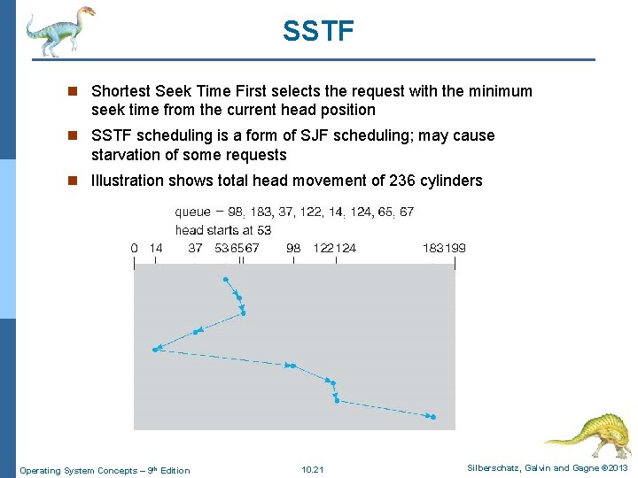 SSTF n Shortest Seek Time First selects the request with the minimum seek time SSTF n Shortest Seek Time First selects the request with the minimum seek time