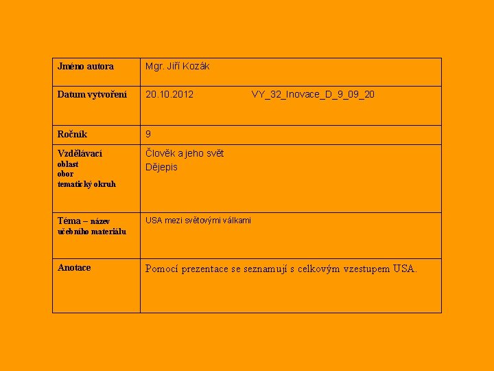 Jméno autora Mgr. Jiří Kozák Datum vytvoření 20. 10. 2012 Ročník 9 Vzdělávací Člověk