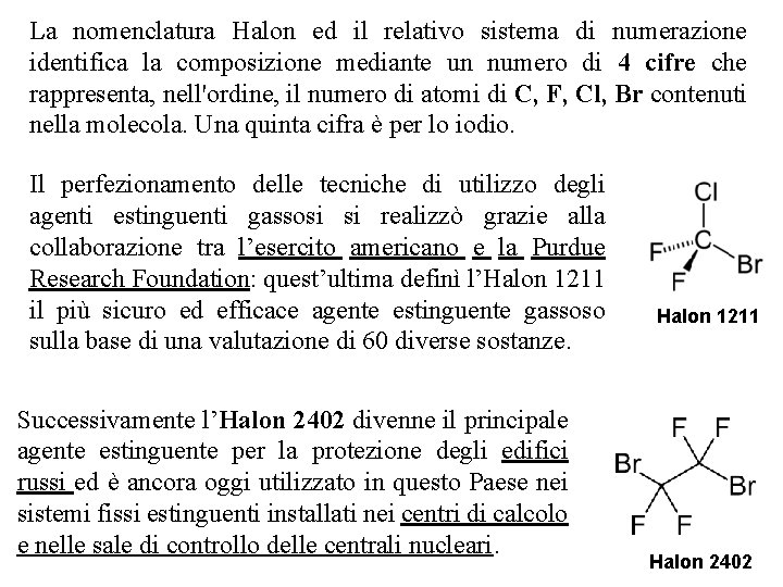 La nomenclatura Halon ed il relativo sistema di numerazione identifica la composizione mediante un