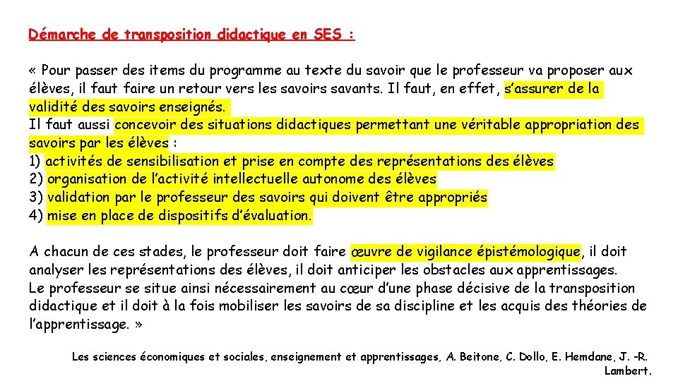 Démarche de transposition didactique en SES : « Pour passer des items du programme