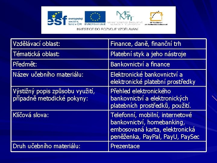 Vzdělávací oblast: Finance, daně, finanční trh Tématická oblast: Platební styk a jeho nástroje Předmět: