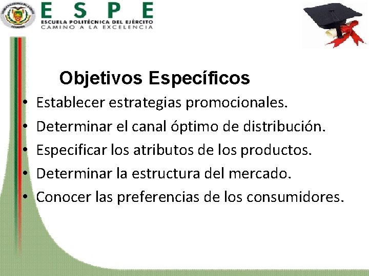 Objetivos Específicos • • • Establecer estrategias promocionales. Determinar el canal óptimo de distribución.