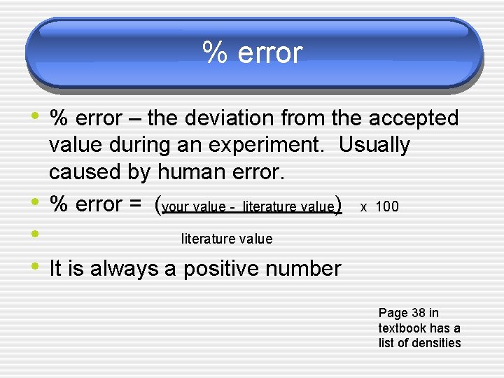 % error • % error – the deviation from the accepted value during an